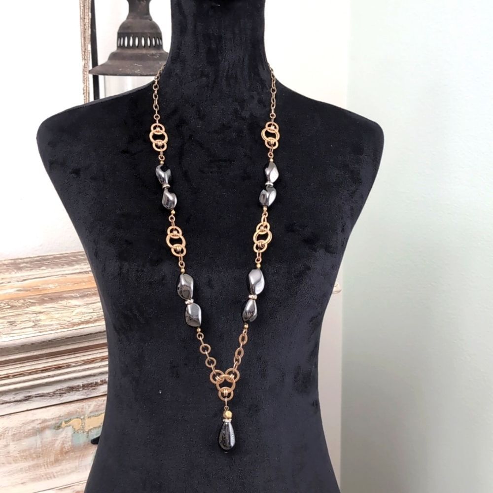 Chico's Copper Tone Hematite Look/Rhinestone Necklace